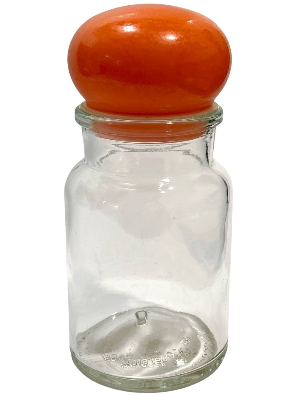 Vintage 1970s Orange and Clear Glass Apothecary Jar Bubble Top Canister Belgium
